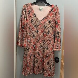 Maeve Anthropologie Erina Knit Fit & Flare Bell Sleeve Dress Pink & Tan Medium